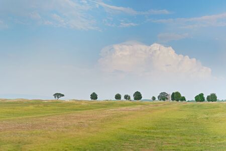 landscape of green field with blue sky background