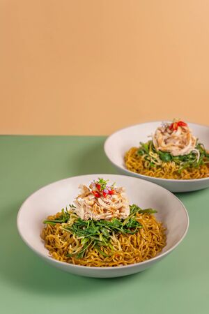 homemade stir-fry noodles with chicken meat and vegetables on dishの素材 [FY310149307495]