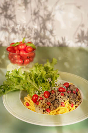 Spaghetti with minced meat and vegetables , tomato sauceの写真素材