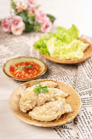 close up Chinese dumplings filled with pork and spring onions.の写真素材