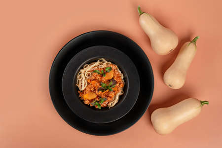 Spaghetti with minced meat and vegetables , tomato sauceの写真素材