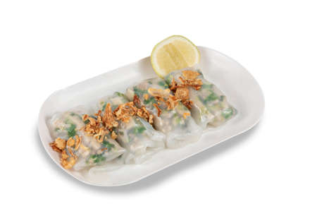 Vietnamese rice noodle rolls with a filling of pork sliced and vegetable ,  fried onion served with...