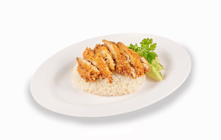 Rice with fried chicken. Isolated on a white background.の写真素材