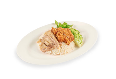 Hainanese chicken rice on a plate isolated on white backgroundの写真素材