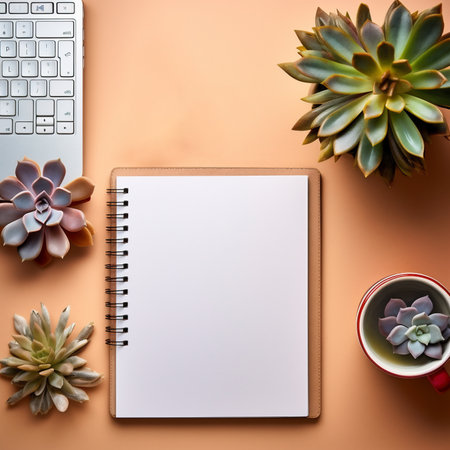 Office desk table with succulents, computer keyboard and notebook. Top view with copy spaceの素材
