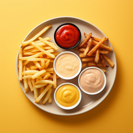 Golden French fries potatoes with ketchup and mayonnaise on yellow background, top viewの素材