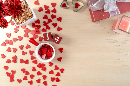 Valentine Day background with red hearts, gifts red heartの写真素材