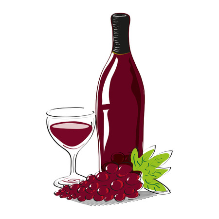 Red grape with bottle of red wine and glass full of wine with copy spaceのイラスト素材