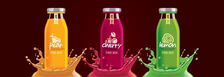 Fruit juice splash bottle set, sticker design.のイラスト素材