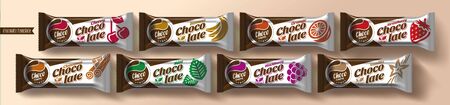 Chocolate bar vector packaging design. Fruit and spicy chocolate set.のイラスト素材