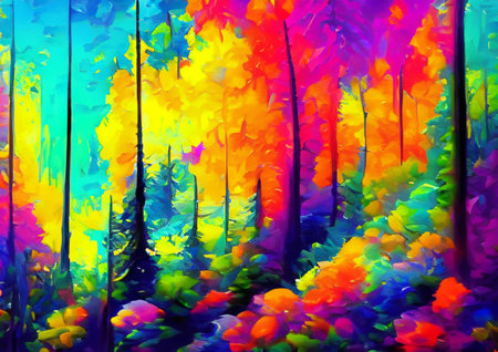 Nature and landscape. Illustration of trees, forests, mountains, flowers, plants and nature. Picture for background, wall art, card or coverの写真素材