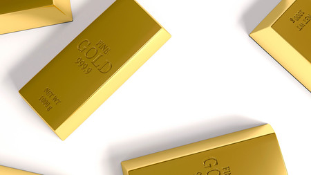 Gold bars on white background 3D rendered illustrationの写真素材