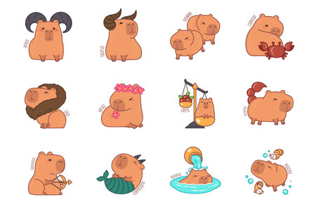 Capybara vector icons set zodiac signsのイラスト素材