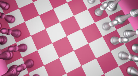 Pink chess game on chess board colorful render feminine conceptの写真素材