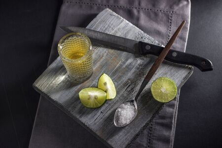 Tequila shoot with lemon and saltの写真素材