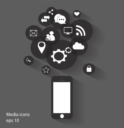 Flat mobile phone vector with social media icons gray vector のイラスト素材