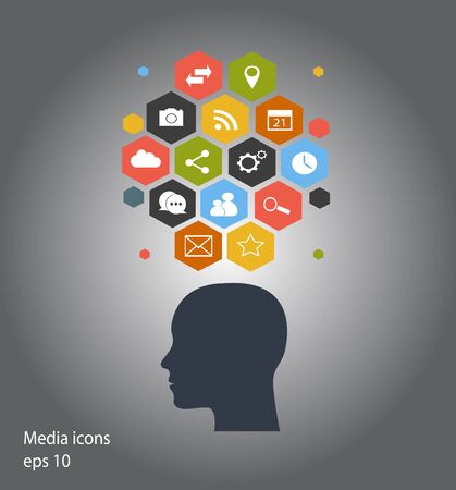 Flat human head vector with social media icons colorのイラスト素材