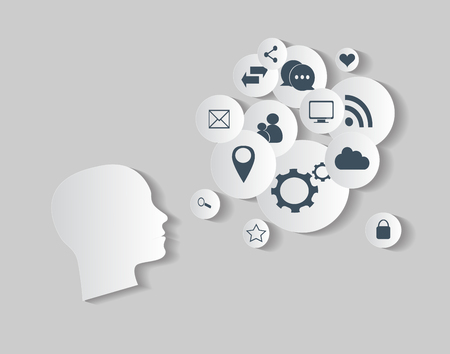 Flat human heads vector with social media iconsのイラスト素材