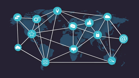 world map with social media icons blue colorのイラスト素材