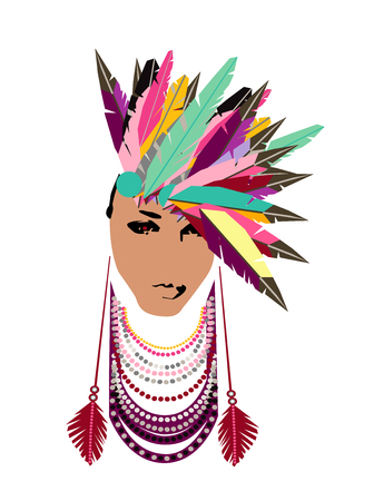 Girls portrait with feathers and necklaceのイラスト素材