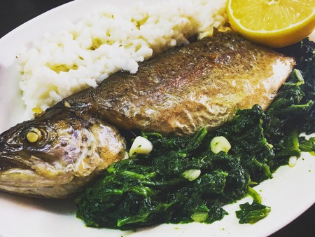 Seafood on the plate, fish with rice and lemon and mangelの写真素材