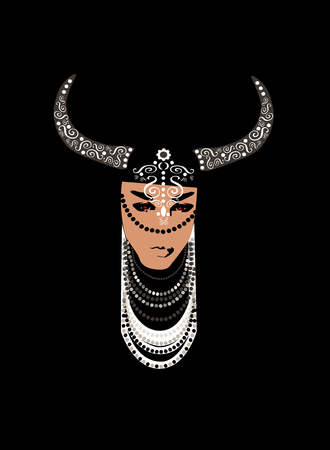 Viking woman with horns and jewelry, vector backgroundのイラスト素材