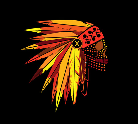 American indian skull with war bonnet dots, yellowのイラスト素材