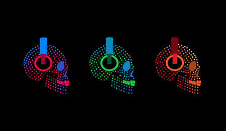 Skull icons with headphones, halftone neon color backgroundのイラスト素材