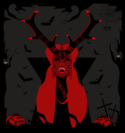 Dracula girl black and red, Happy Halloween backgroundの写真素材