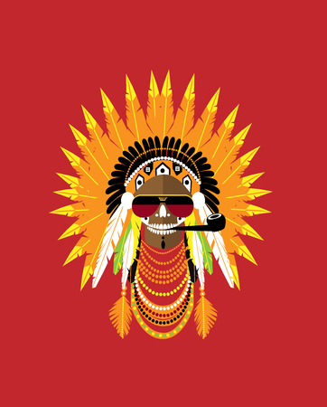 A skull icon wearing American Indian war bonnet and pipe. Vector backgroundのイラスト素材