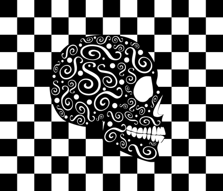 Black and white skull icon with ornament details and cubes backgroundのイラスト素材