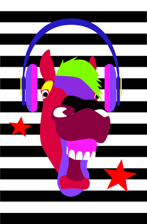 Funny horse head with headphones and stars, vivid modern colors backgound with black and white linesのイラスト素材