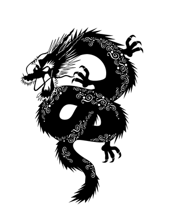 Black japanese dragon with ornament details, vector illustrationのイラスト素材