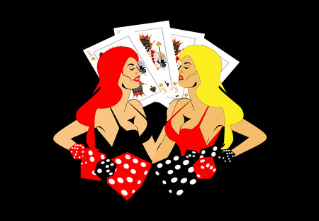 Casino logo with blond and red hair girls, dices and cards, vectorのイラスト素材