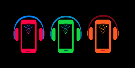 Mobile phone icons with headphone beats halftone, neon colorsのイラスト素材
