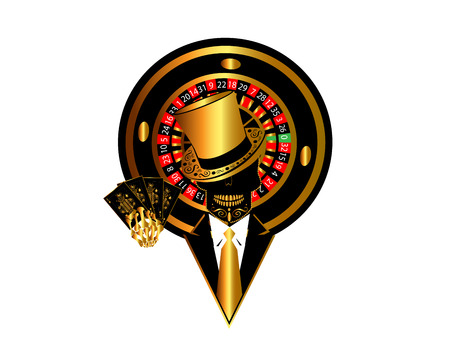 Casino logo background with skull in tuxedo and roulette wheel, cartoonのイラスト素材