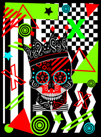 King skull icon with colorful neon pop art zig zag, cubes and stripes background, vectorのイラスト素材