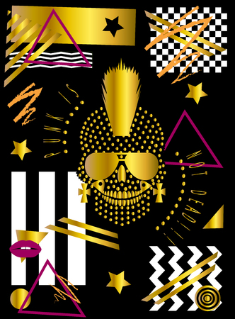 Gold punk skull icon wih Mohawk and sunglasses, pop art background zig zagのイラスト素材