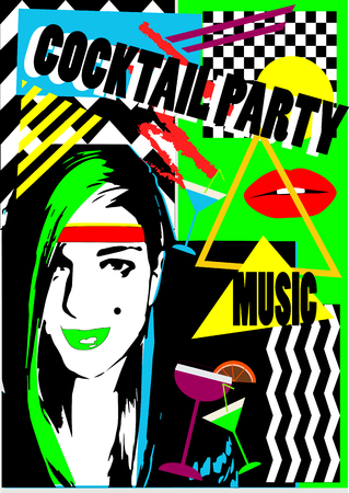 Cocktail party girl with lips and martini glass, pop artのイラスト素材