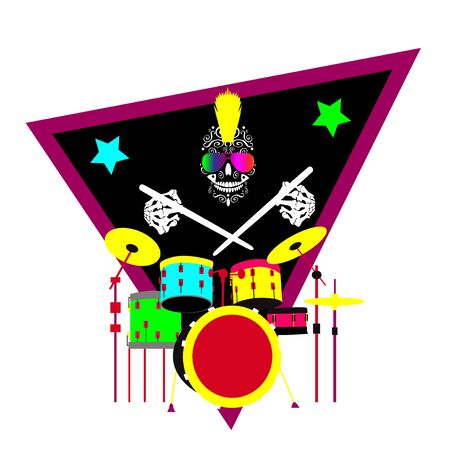 Skull icon playing drums, music backgroundのイラスト素材