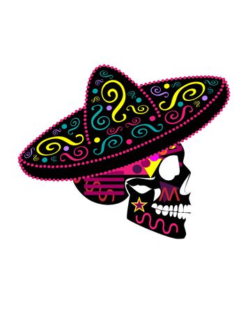 Mexican skull with sombrero, Colorful Day of the dead ornament and detailed vivid colors vector background.のイラスト素材
