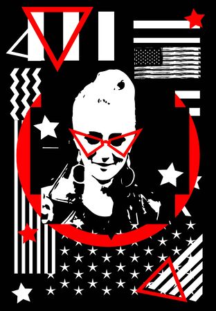 Punk rock girl silhouette with red sunglasses and American, USA flag vector backgroundのイラスト素材