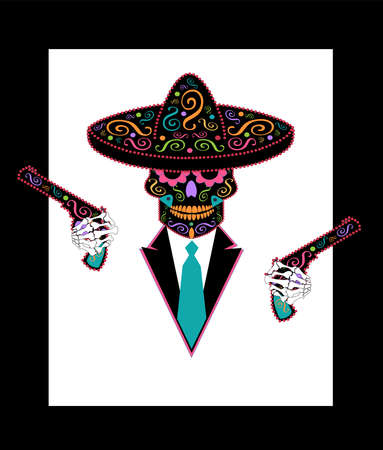 Mexican sugar skull with ornament sombrero, tuxedo and pistols vector backgroundのイラスト素材