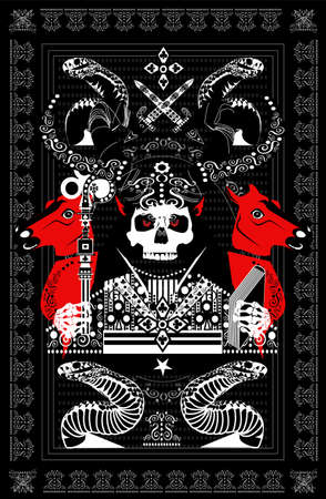 Tarot card skull death with horns, horses and snakes, ornament detailsのイラスト素材