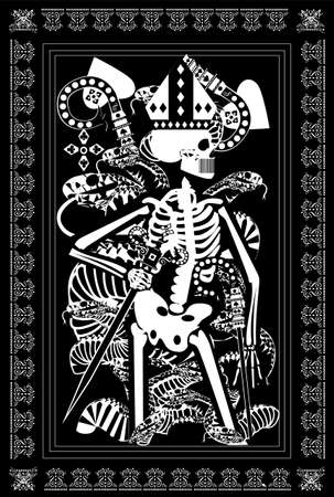 King card Tarot with skull, snakes and swords. Black and white background, vector illustration.のイラスト素材