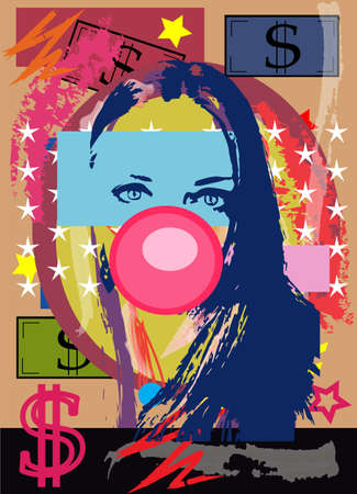 Sexy girl with chewing gum and money bills, colorful artistic backgroundのイラスト素材