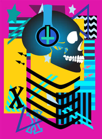Robot skull with headphones and inverted cross, abstract background vectorのイラスト素材