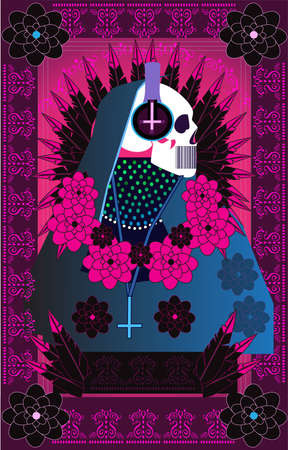 Death skull with headphones and pink flowers, abstract backgroundのイラスト素材