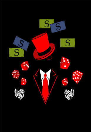 Casino background with skull  in tuxedo, dices and money dollar bills. Vector red color.のイラスト素材
