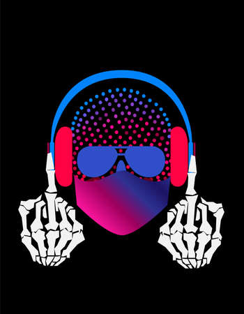 Skull neon halftone with mask, sunglasses, headphones and middle finger up, vector backgroundのイラスト素材